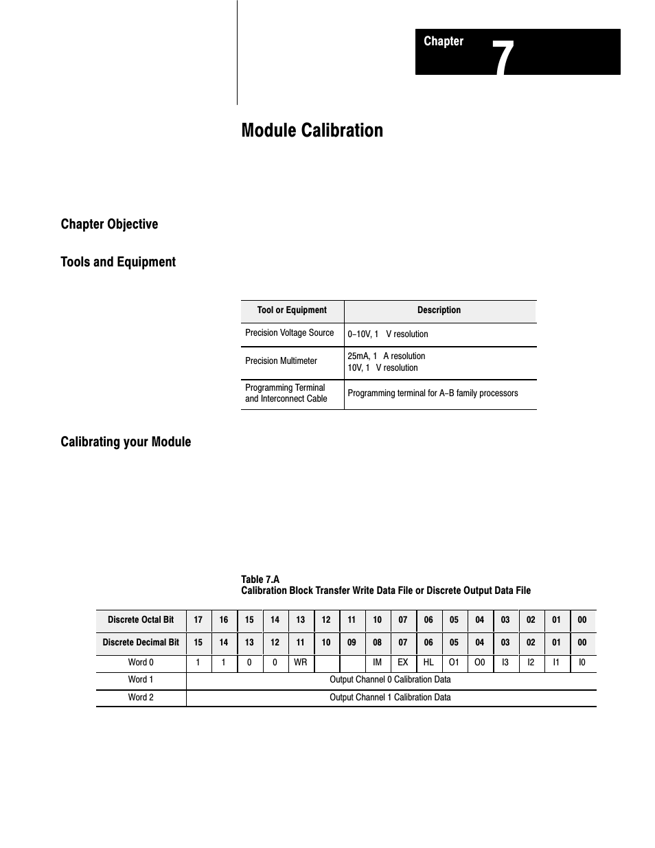 7 - module calibration, Chapter objective, Tools and equipment | Calibrating your module, Module calibration | Rockwell Automation 1791-XXXX ANALOG BLOCK I/O User Manual | Page 56 / 80