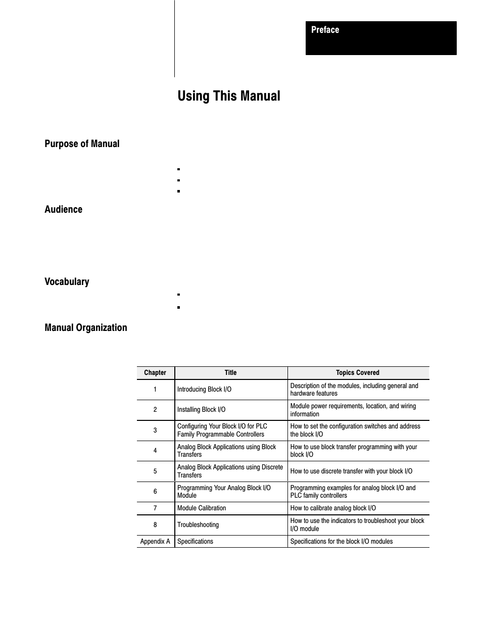 Preface - using this manual, Using this manual | Rockwell Automation 1791-XXXX ANALOG BLOCK I/O User Manual | Page 6 / 80