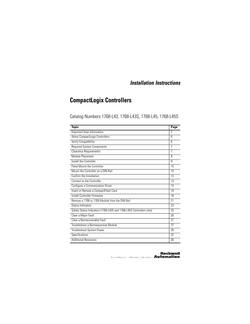 Rockwell Automation 1768-L43_L45_L43S_L45S CompactLogix Controllers Installation Instructions User Manual | 36 pages