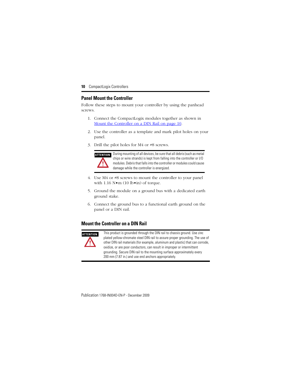 Panel mount the controller, Mount the controller on a din rail | Rockwell Automation 1768-L43_L45_L43S_L45S CompactLogix Controllers Installation Instructions User Manual | Page 10 / 36