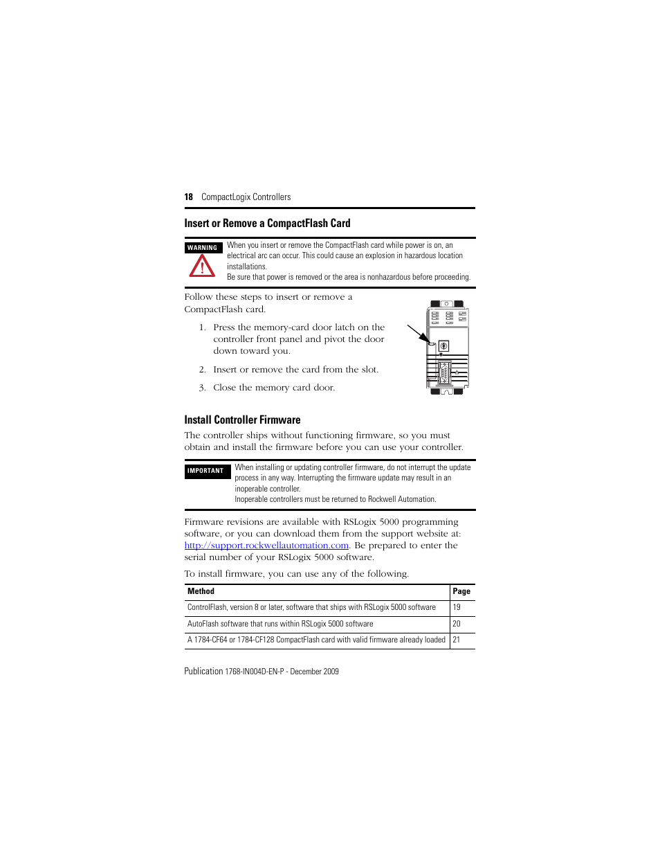 Insert or remove a compactflash card, Install controller firmware | Rockwell Automation 1768-L43_L45_L43S_L45S CompactLogix Controllers Installation Instructions User Manual | Page 18 / 36