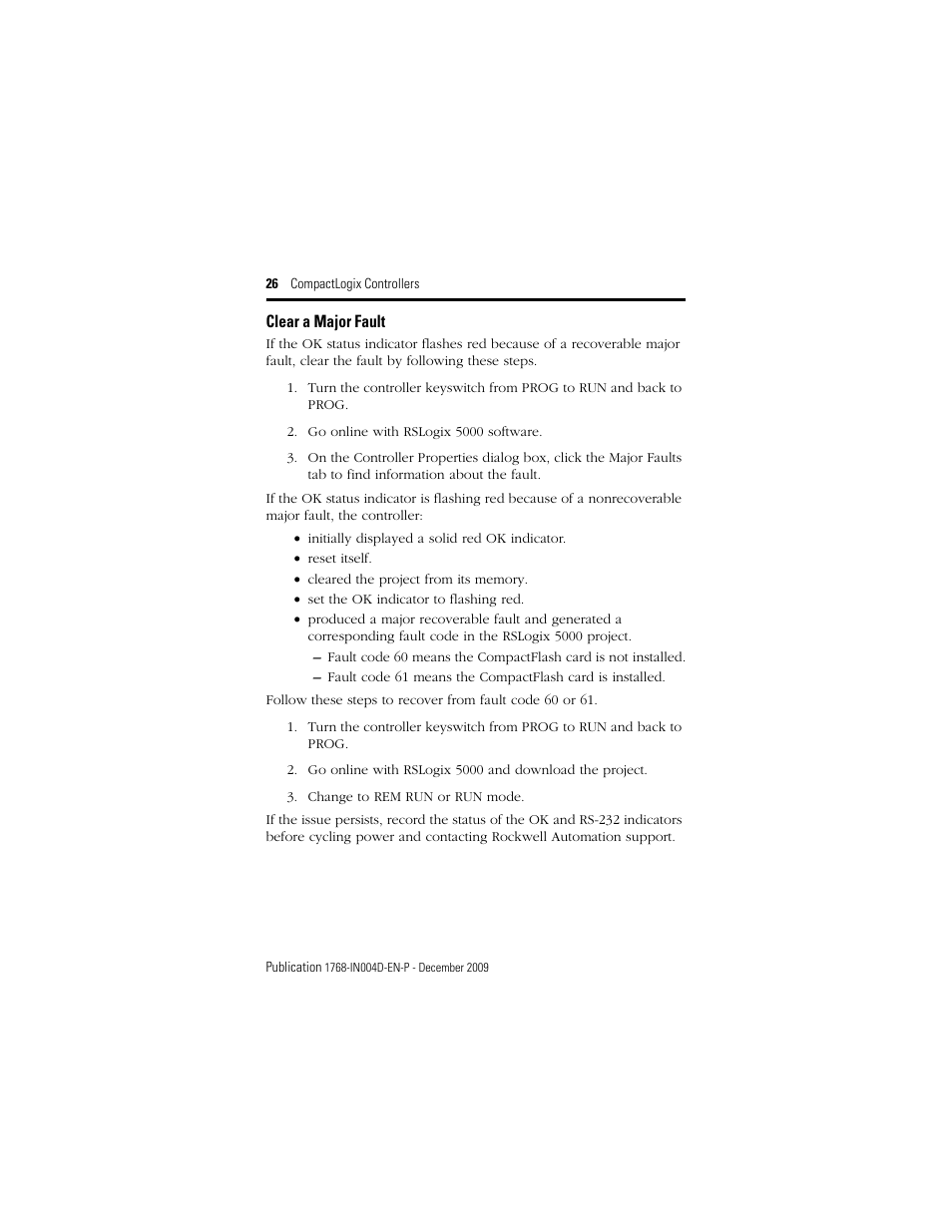 Clear a major fault | Rockwell Automation 1768-L43_L45_L43S_L45S CompactLogix Controllers Installation Instructions User Manual | Page 26 / 36