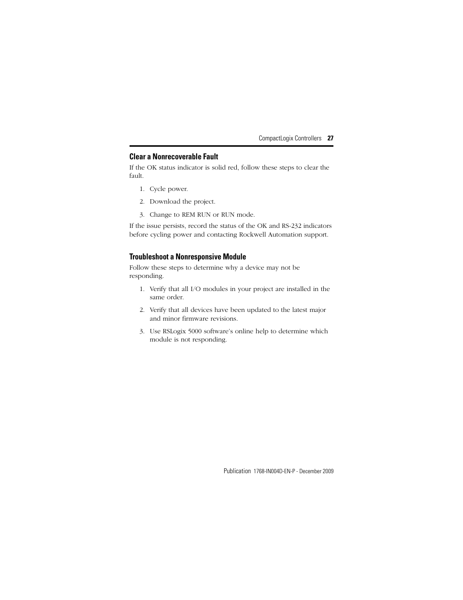 Clear a nonrecoverable fault, Troubleshoot a nonresponsive module | Rockwell Automation 1768-L43_L45_L43S_L45S CompactLogix Controllers Installation Instructions User Manual | Page 27 / 36