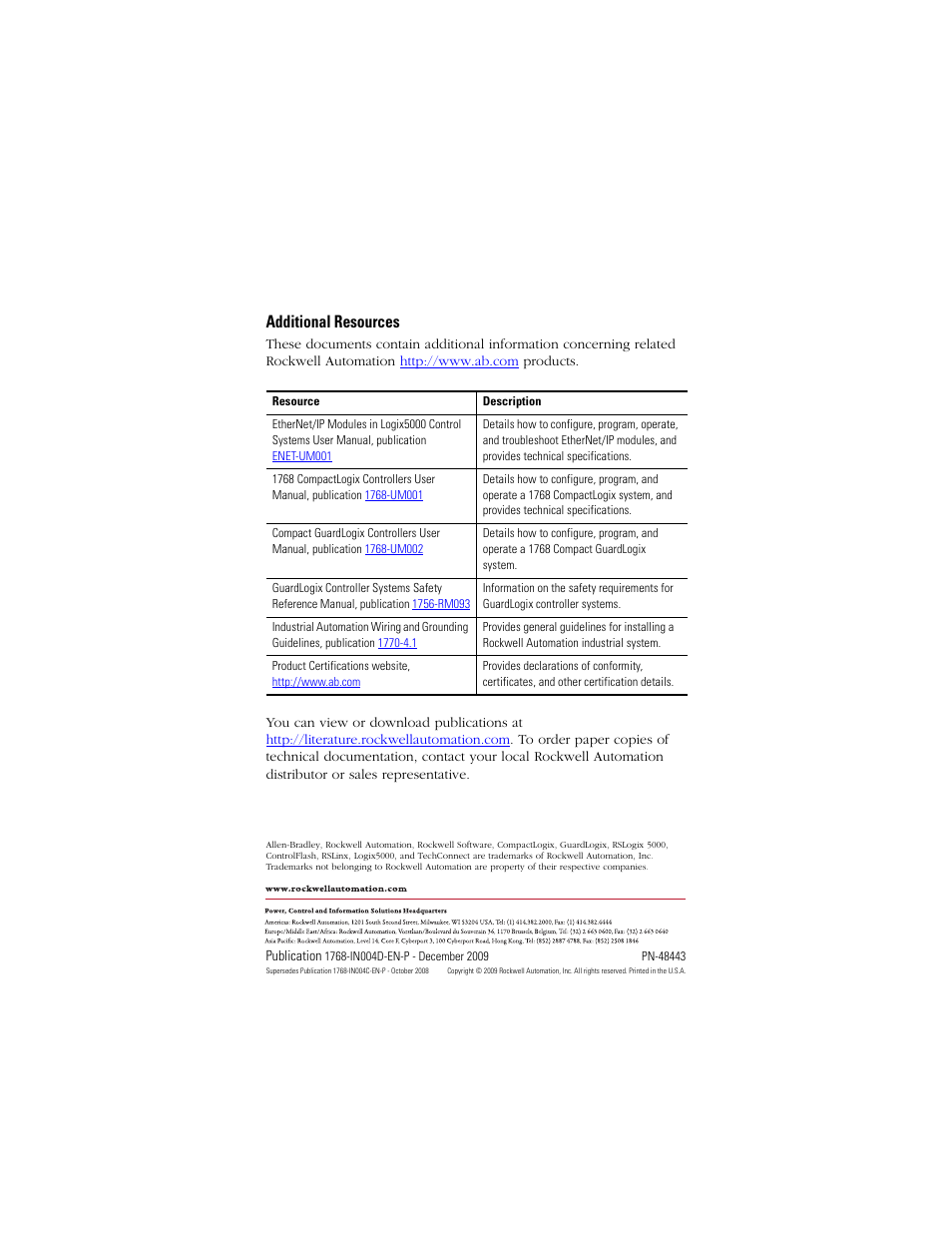 Additional resources, Back cover | Rockwell Automation 1768-L43_L45_L43S_L45S CompactLogix Controllers Installation Instructions User Manual | Page 36 / 36