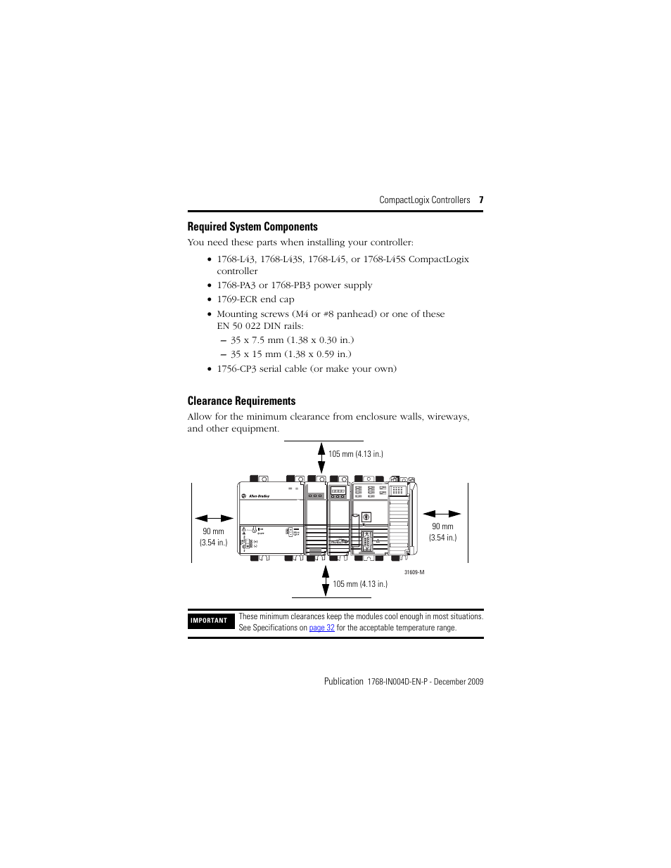 Required system components, Clearance requirements | Rockwell Automation 1768-L43_L45_L43S_L45S CompactLogix Controllers Installation Instructions User Manual | Page 7 / 36