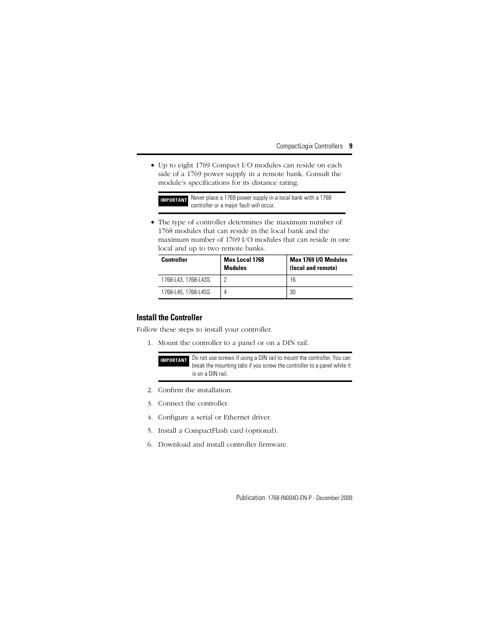 Install the controller | Rockwell Automation 1768-L43_L45_L43S_L45S CompactLogix Controllers Installation Instructions User Manual | Page 9 / 36