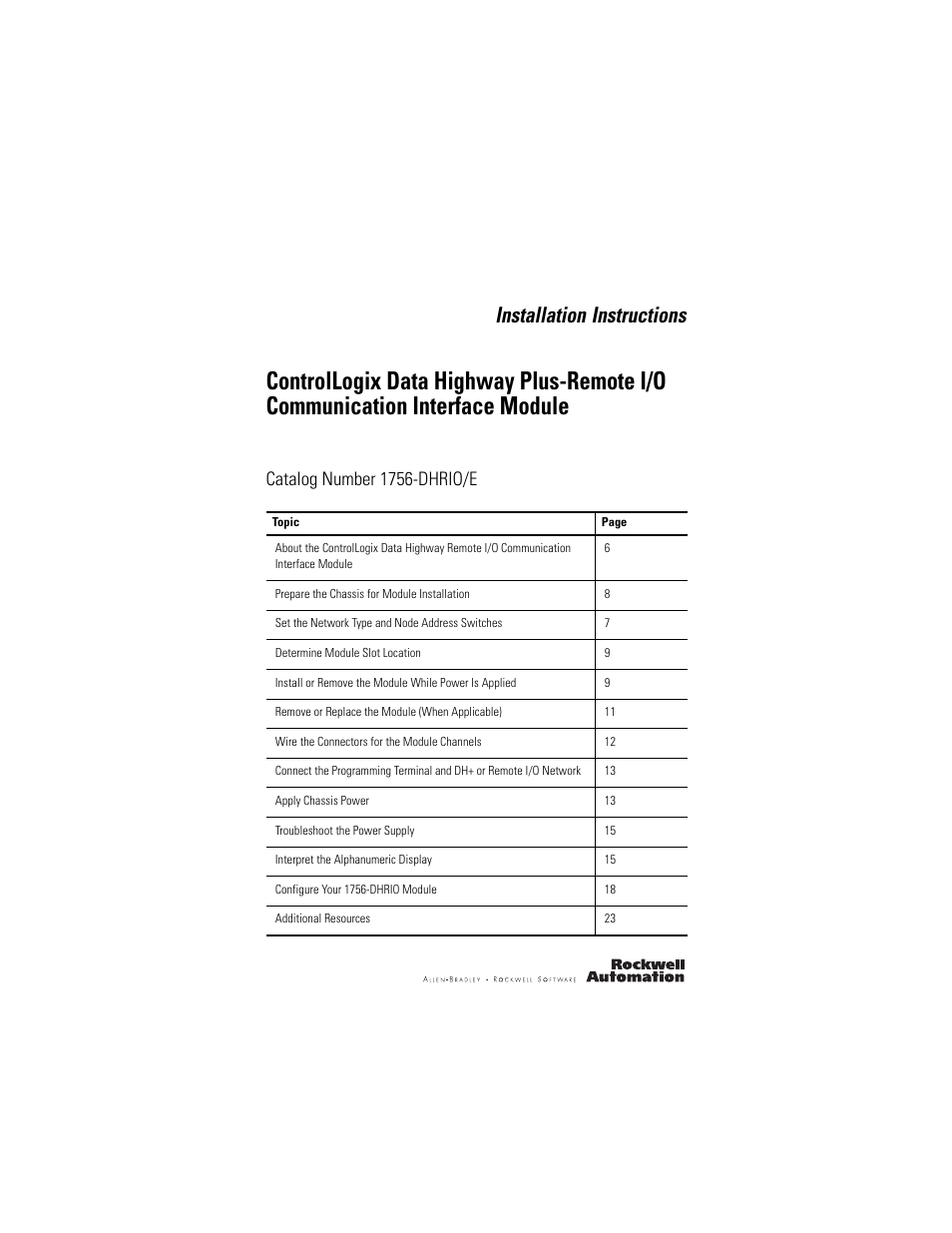 Rockwell Automation 1756-DHRIO ControlLogix Data Highway Plus-Remote I/O Communication Interface Module I.I. User Manual | 24 pages