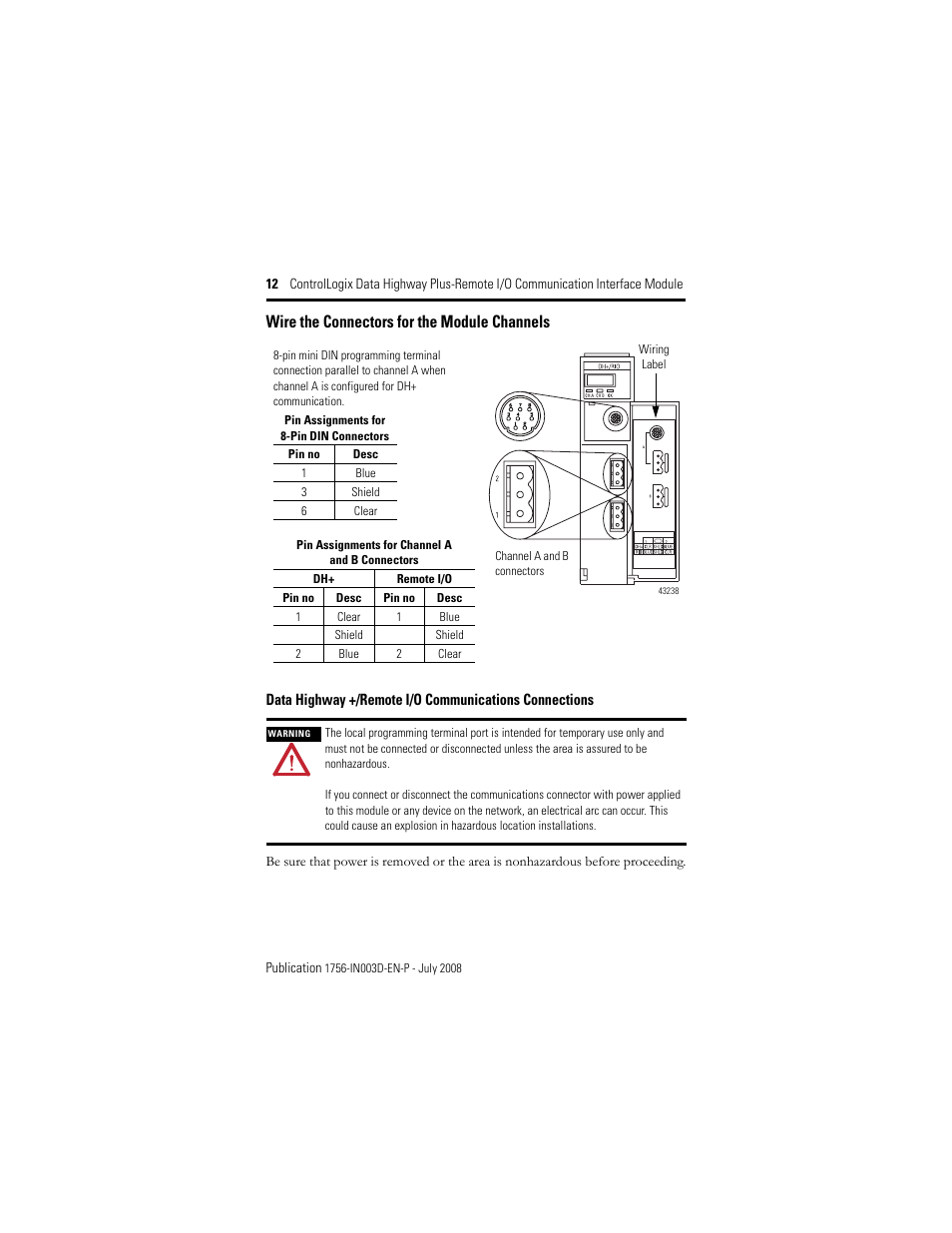 Wire the connectors for the module channels | Rockwell Automation 1756-DHRIO ControlLogix Data Highway Plus-Remote I/O Communication Interface Module I.I. User Manual | Page 12 / 24