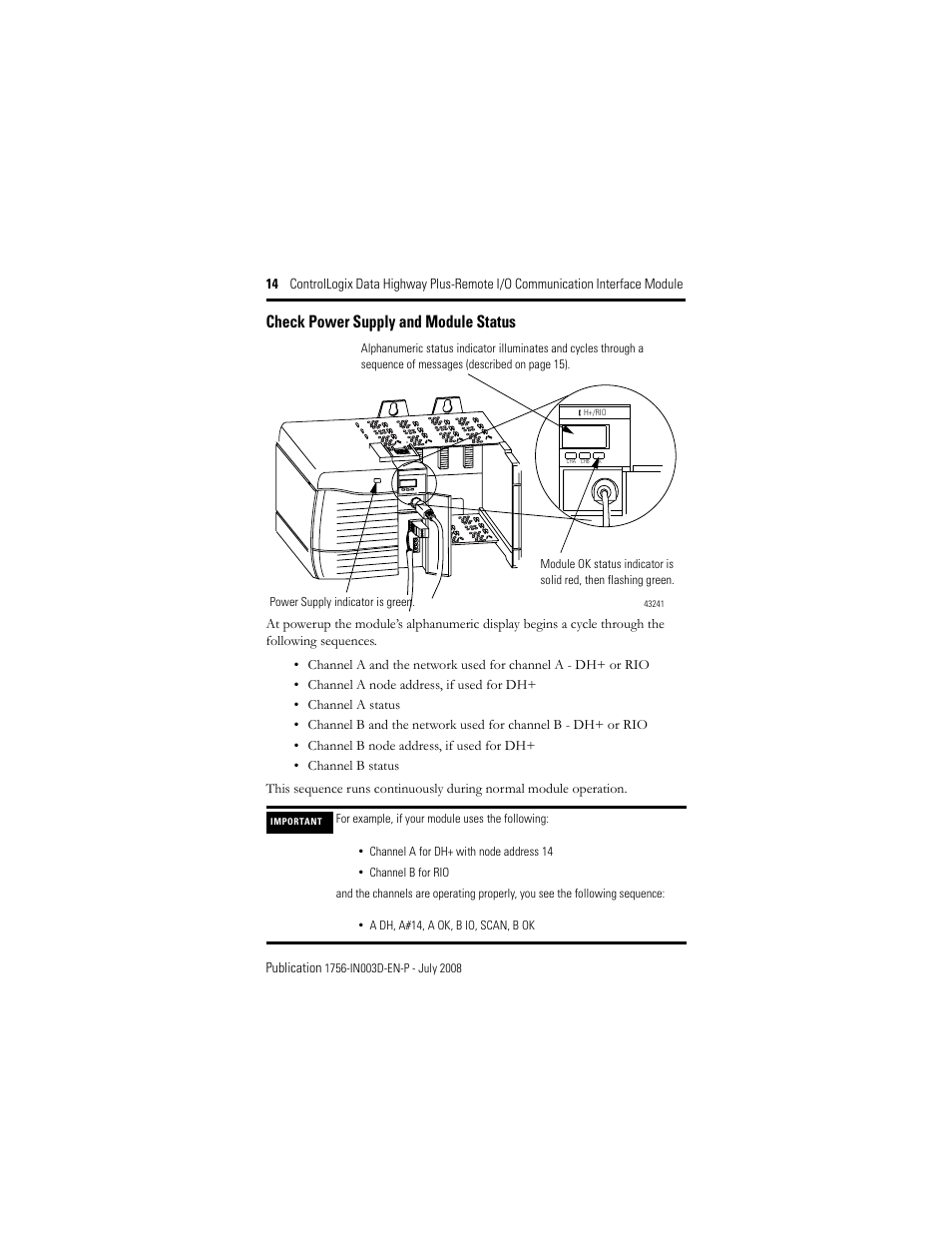 Check power supply and module status | Rockwell Automation 1756-DHRIO ControlLogix Data Highway Plus-Remote I/O Communication Interface Module I.I. User Manual | Page 14 / 24