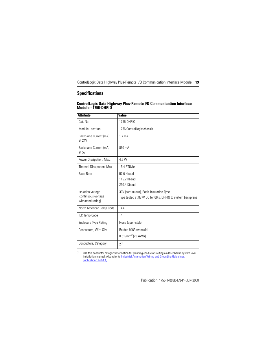 Specifications | Rockwell Automation 1756-DHRIO ControlLogix Data Highway Plus-Remote I/O Communication Interface Module I.I. User Manual | Page 19 / 24