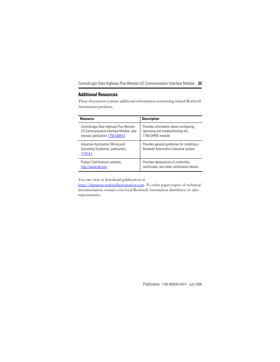 Additional resources | Rockwell Automation 1756-DHRIO ControlLogix Data Highway Plus-Remote I/O Communication Interface Module I.I. User Manual | Page 23 / 24