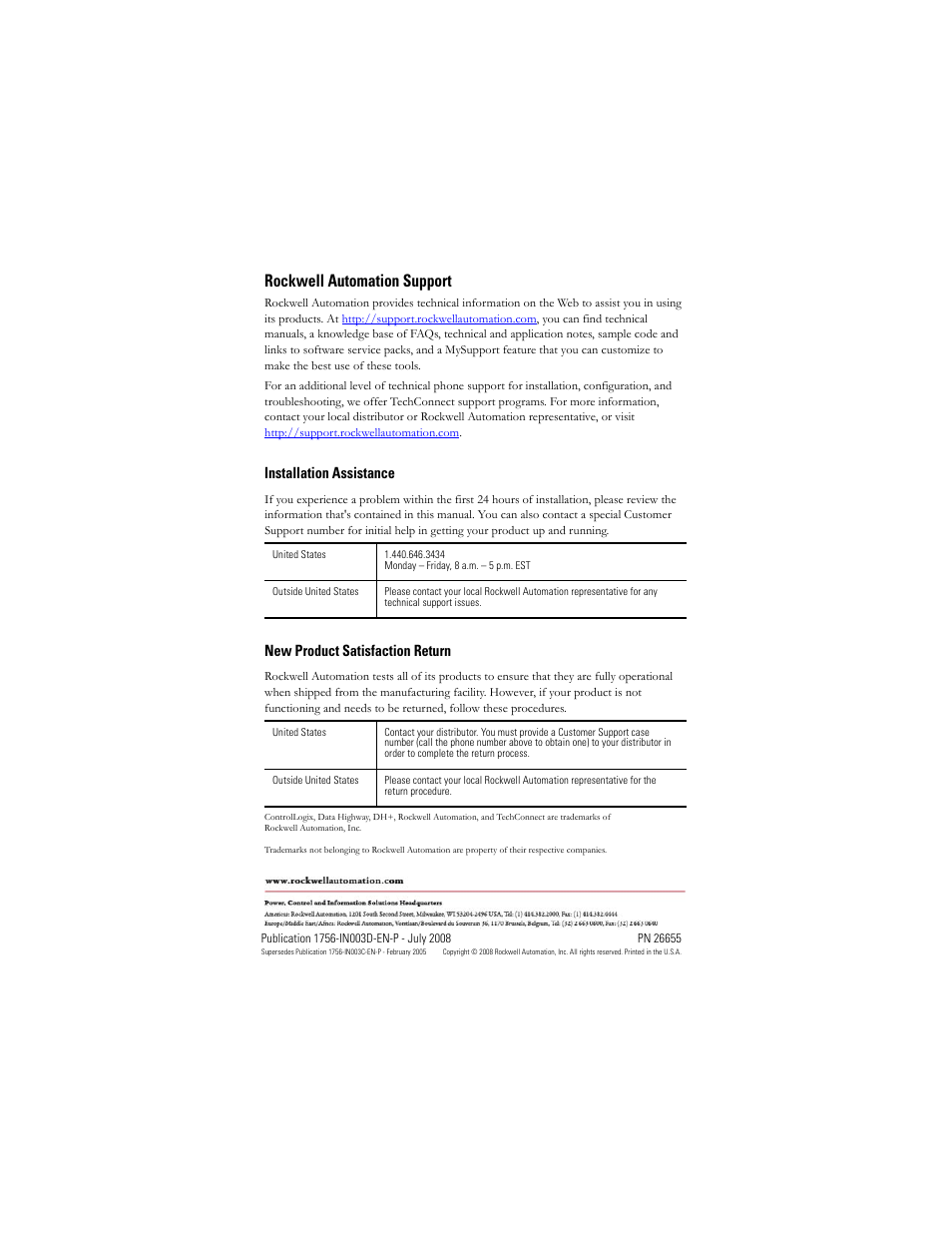 Back cover, Rockwell automation support, Installation assistance | New product satisfaction return | Rockwell Automation 1756-DHRIO ControlLogix Data Highway Plus-Remote I/O Communication Interface Module I.I. User Manual | Page 24 / 24