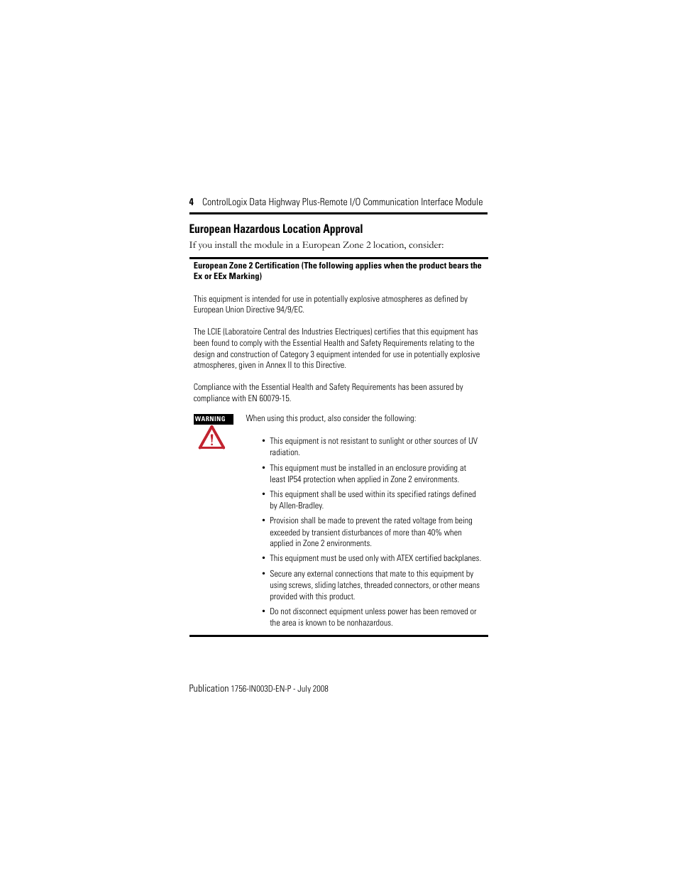 European hazardous location approval | Rockwell Automation 1756-DHRIO ControlLogix Data Highway Plus-Remote I/O Communication Interface Module I.I. User Manual | Page 4 / 24