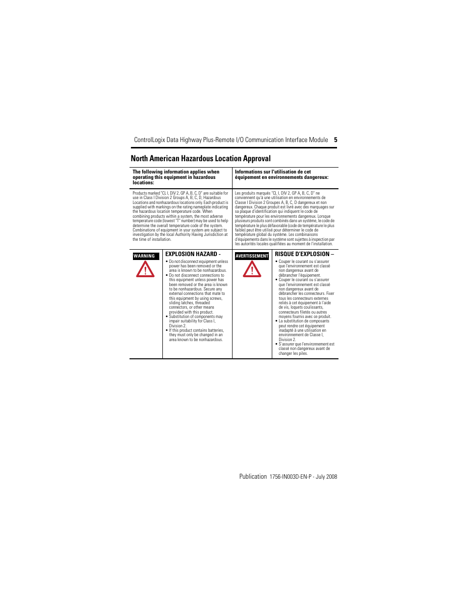 North american hazardous location approval | Rockwell Automation 1756-DHRIO ControlLogix Data Highway Plus-Remote I/O Communication Interface Module I.I. User Manual | Page 5 / 24