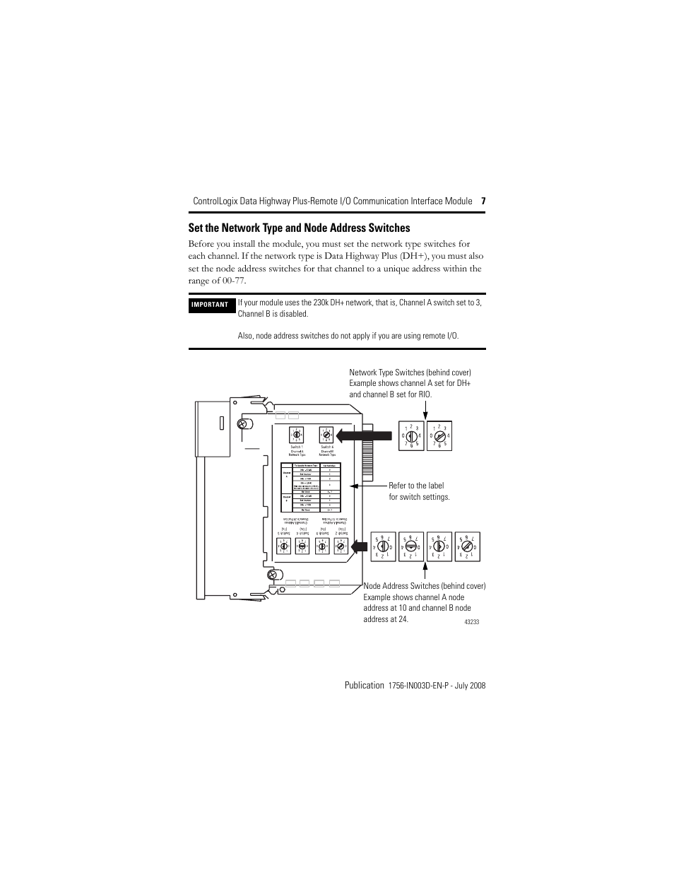 Set the network type and node address switches | Rockwell Automation 1756-DHRIO ControlLogix Data Highway Plus-Remote I/O Communication Interface Module I.I. User Manual | Page 7 / 24