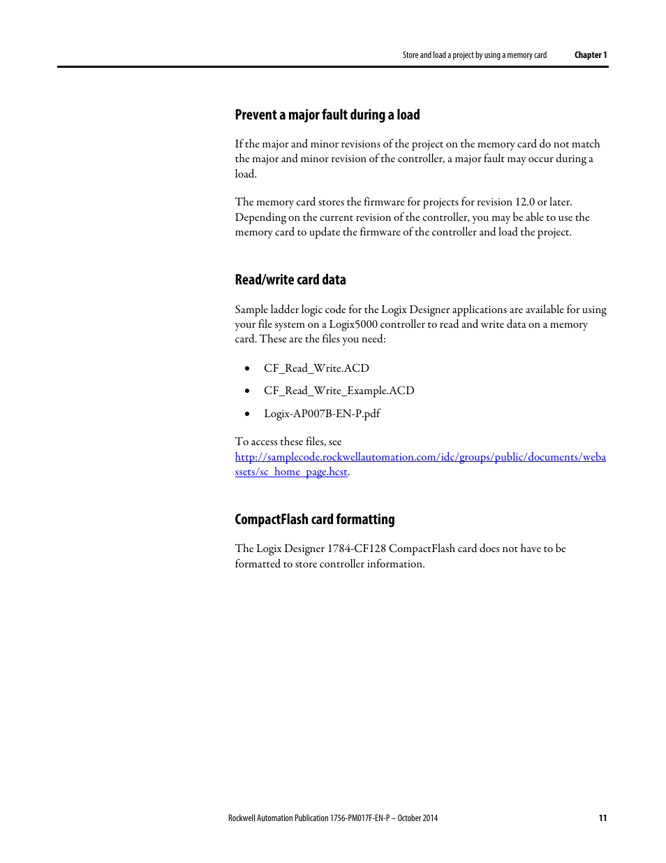 Compactflash card formatting, Prevent a major fault during a load, Read/write card data | Rockwell Automation Logix5000 Controllers Nonvolatile Memory Programming Manual User Manual | Page 11 / 33