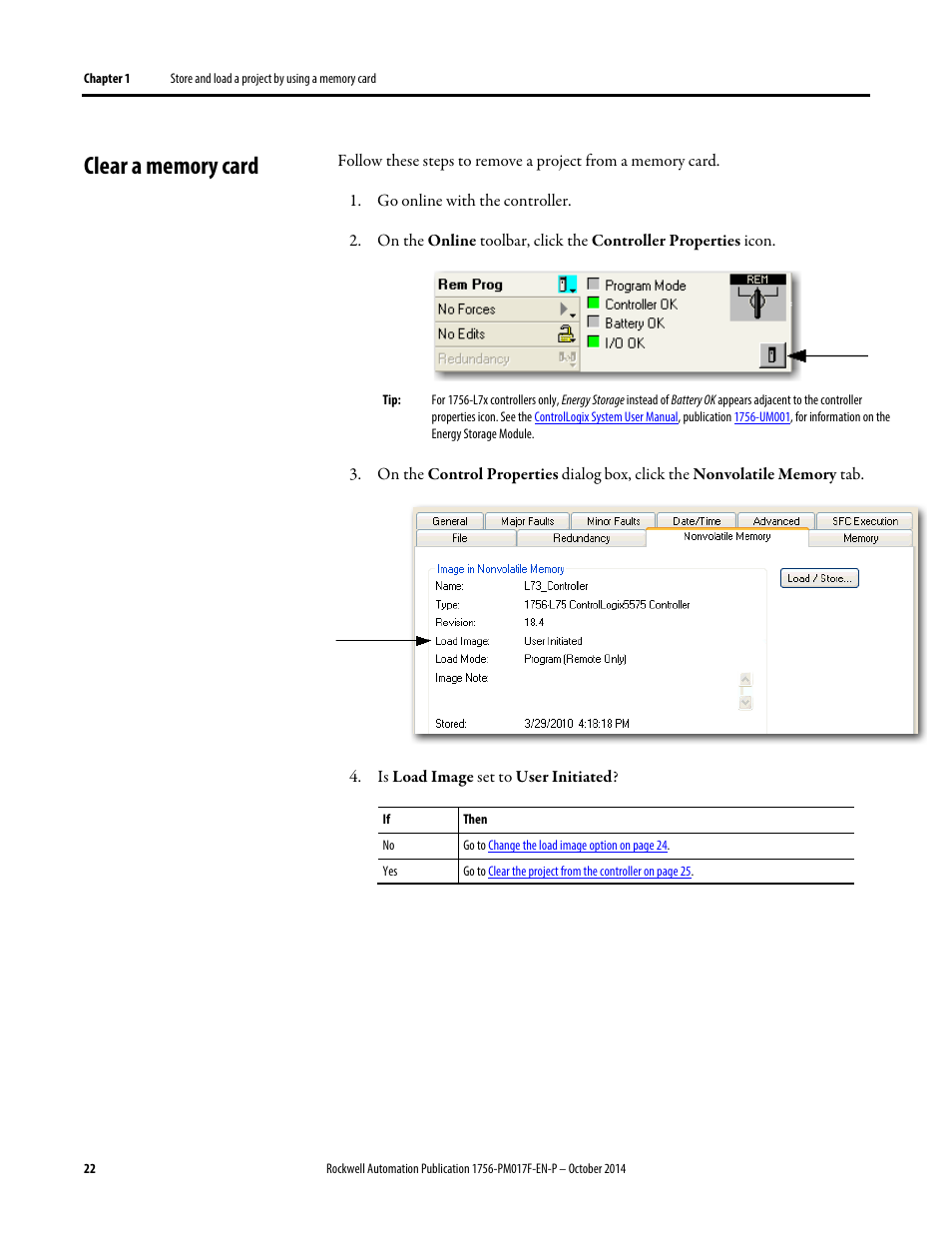 Clear a memory card, Change the load image option | Rockwell Automation Logix5000 Controllers Nonvolatile Memory Programming Manual User Manual | Page 22 / 33