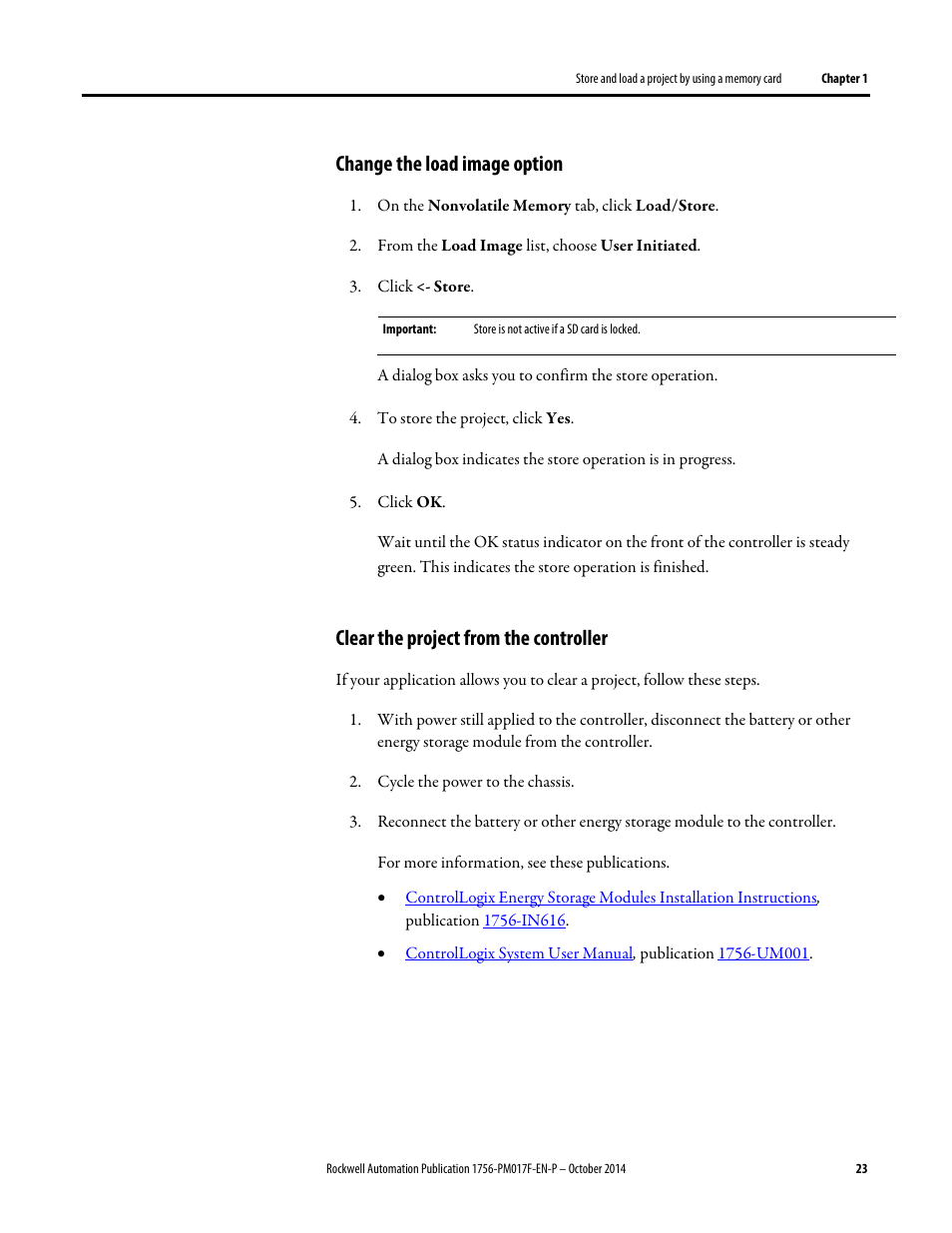 Clear the project from the controller, Store the empty image, Change the load image option | Rockwell Automation Logix5000 Controllers Nonvolatile Memory Programming Manual User Manual | Page 23 / 33