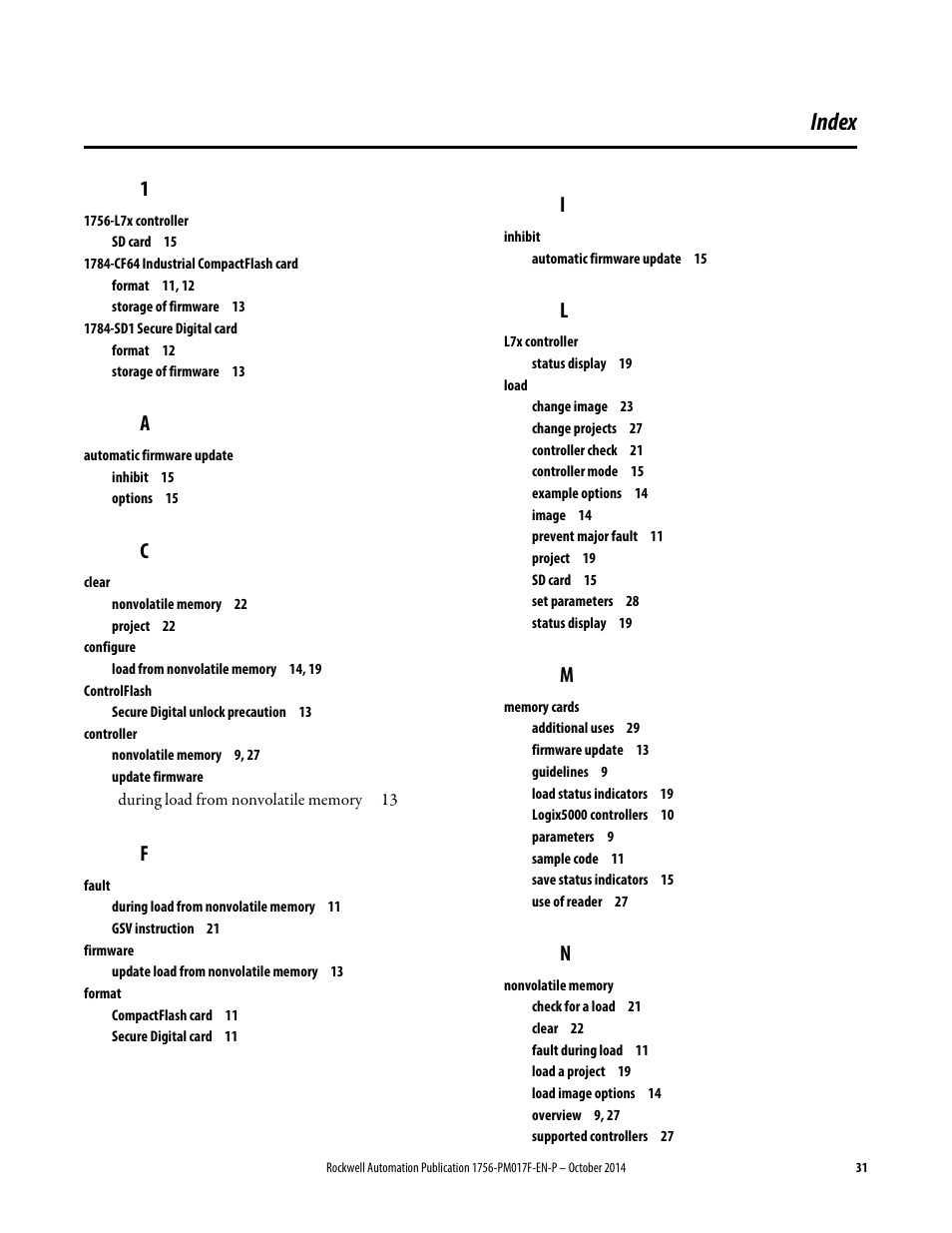 Index | Rockwell Automation Logix5000 Controllers Nonvolatile Memory Programming Manual User Manual | Page 31 / 33