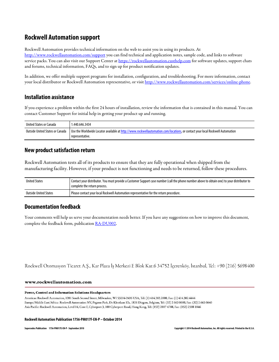 Back cover, Rockwell automation support, Installation assistance | New product satisfaction return, Documentation feedback | Rockwell Automation Logix5000 Controllers Nonvolatile Memory Programming Manual User Manual | Page 33 / 33