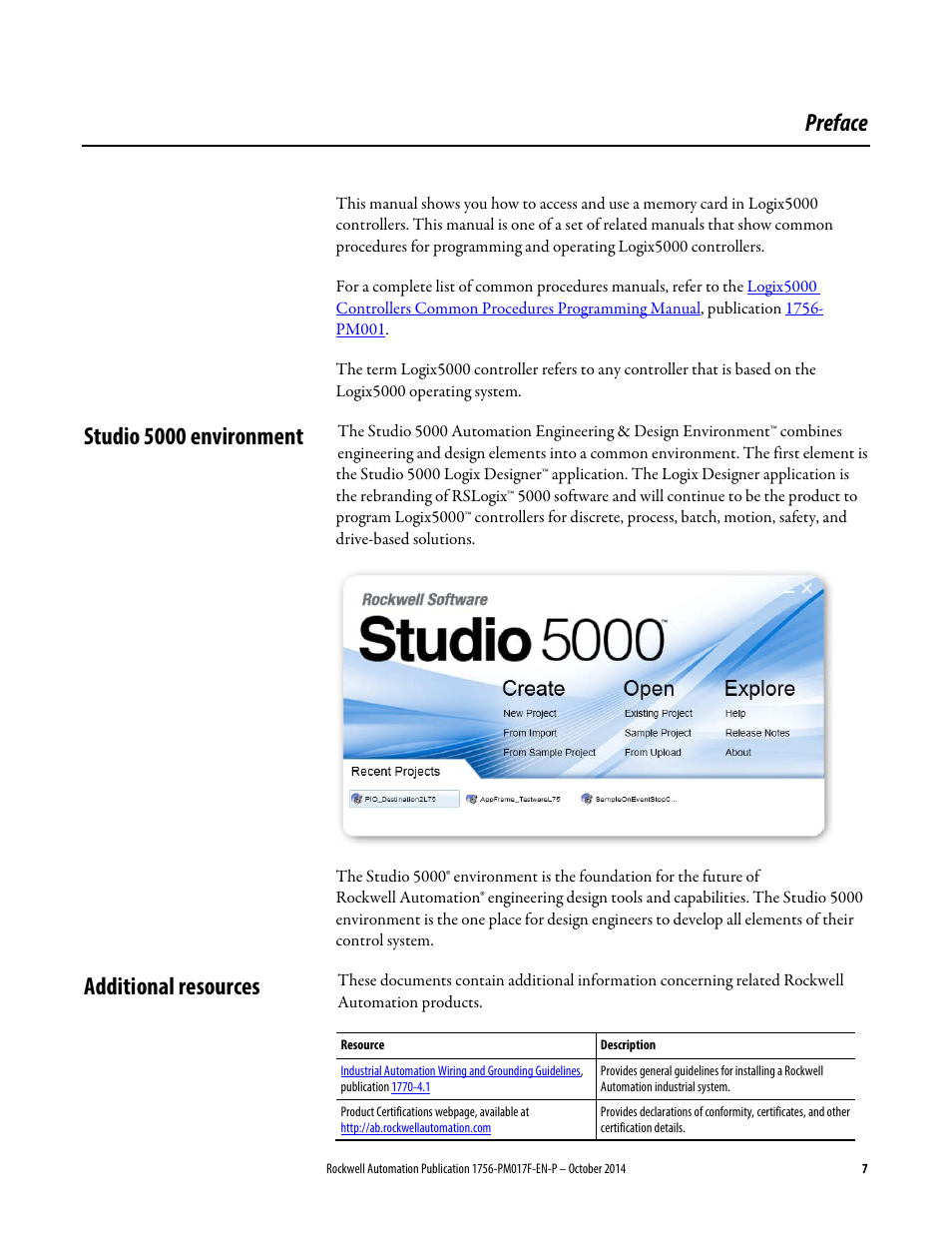 Preface, Studio 5000 environment, Additional resources | Studio 5000 environment additional resources | Rockwell Automation Logix5000 Controllers Nonvolatile Memory Programming Manual User Manual | Page 7 / 33