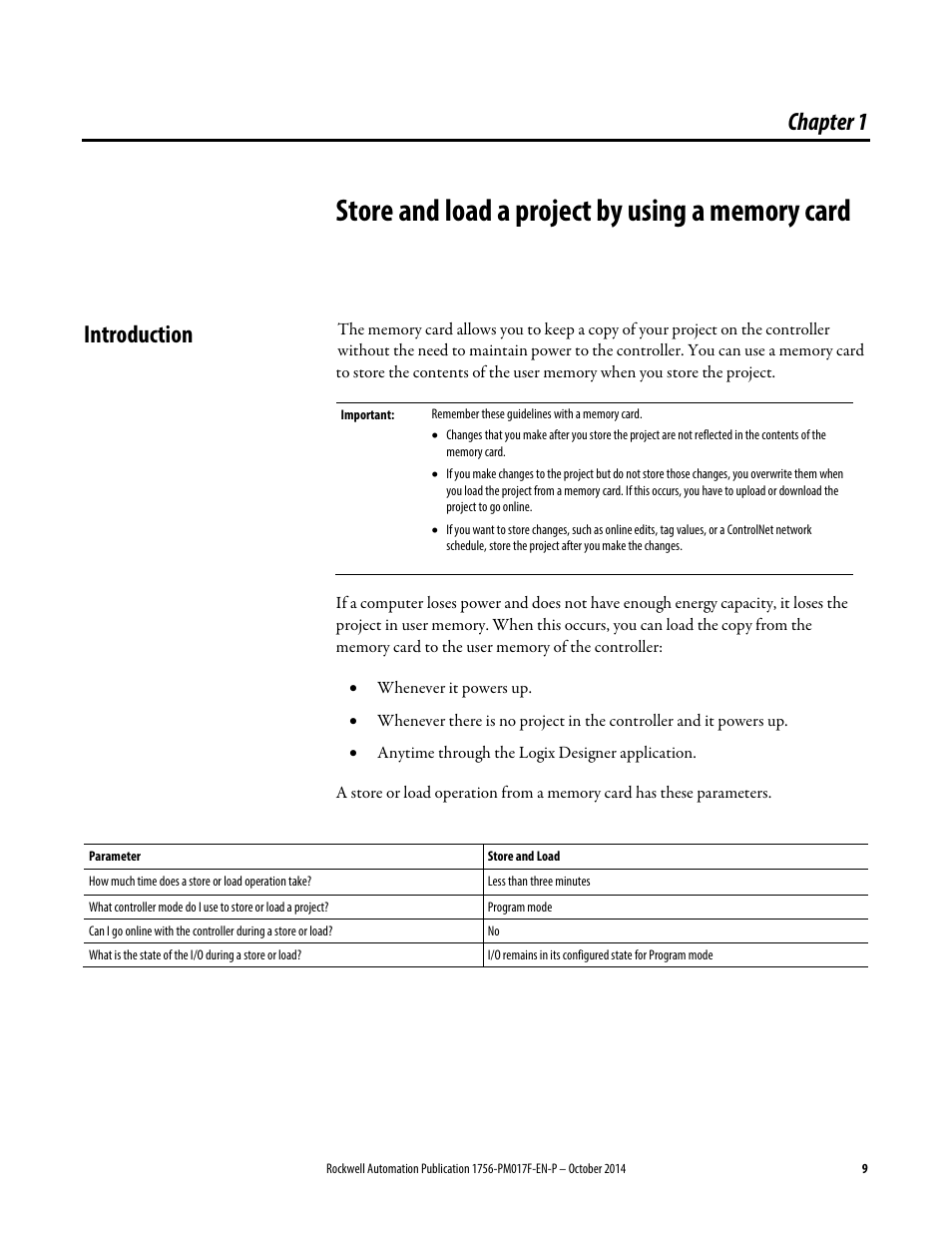 Introduction, Chapter 1, Store and load a project by | Using a memory card | Rockwell Automation Logix5000 Controllers Nonvolatile Memory Programming Manual User Manual | Page 9 / 33