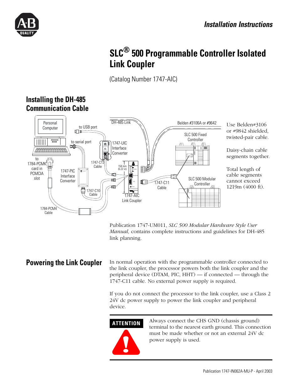 Rockwell Automation 1747-AIC SLC 500 Programmable Controller Isolated Link Coupler User Manual | 12 pages