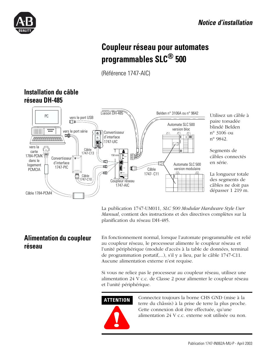 Installation du câble réseau dh-485, Alimentation du coupleur réseau, Coupleur réseau pour automates programmables slc | Notice d’installation, Référence 1747-aic) | Rockwell Automation 1747-AIC SLC 500 Programmable Controller Isolated Link Coupler User Manual | Page 3 / 12