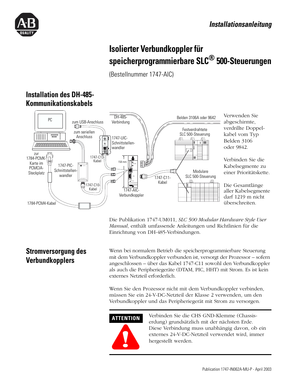 Installation des dh-485- kommunikationskabels, Stromversorgung des verbundkopplers, Steuerungen | Installationsanleitung, Bestellnummer 1747-aic) | Rockwell Automation 1747-AIC SLC 500 Programmable Controller Isolated Link Coupler User Manual | Page 5 / 12