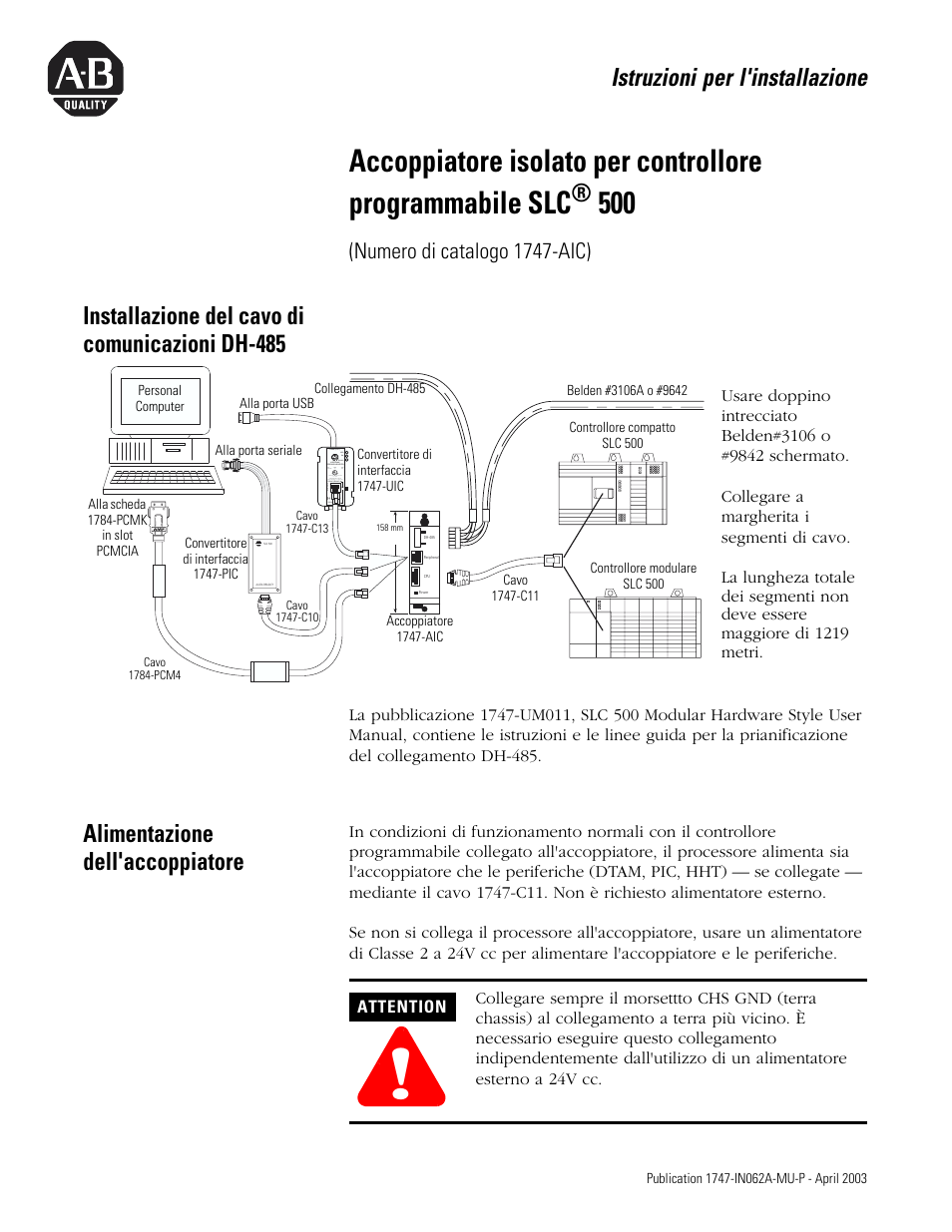 Installazione del cavo di comunicazioni dh-485, Alimentazione dell'accoppiatore, Istruzioni per l'installazione | Numero di catalogo 1747-aic) | Rockwell Automation 1747-AIC SLC 500 Programmable Controller Isolated Link Coupler User Manual | Page 7 / 12