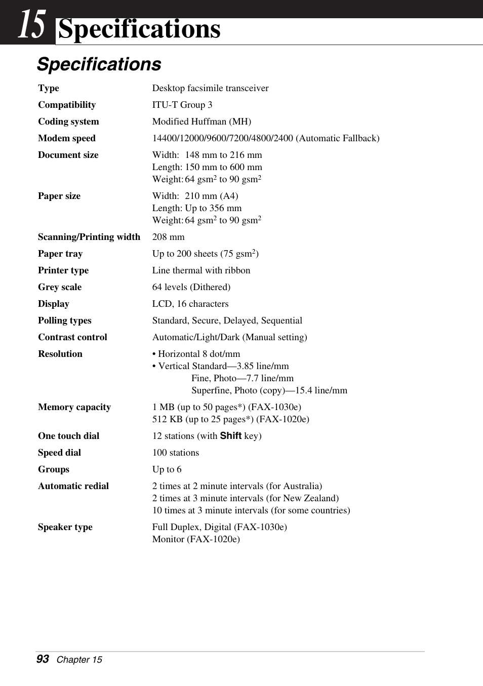 15 specifications, Specifications, Chapter 15 | Brother FAX-1030E User Manual | Page 100 / 118