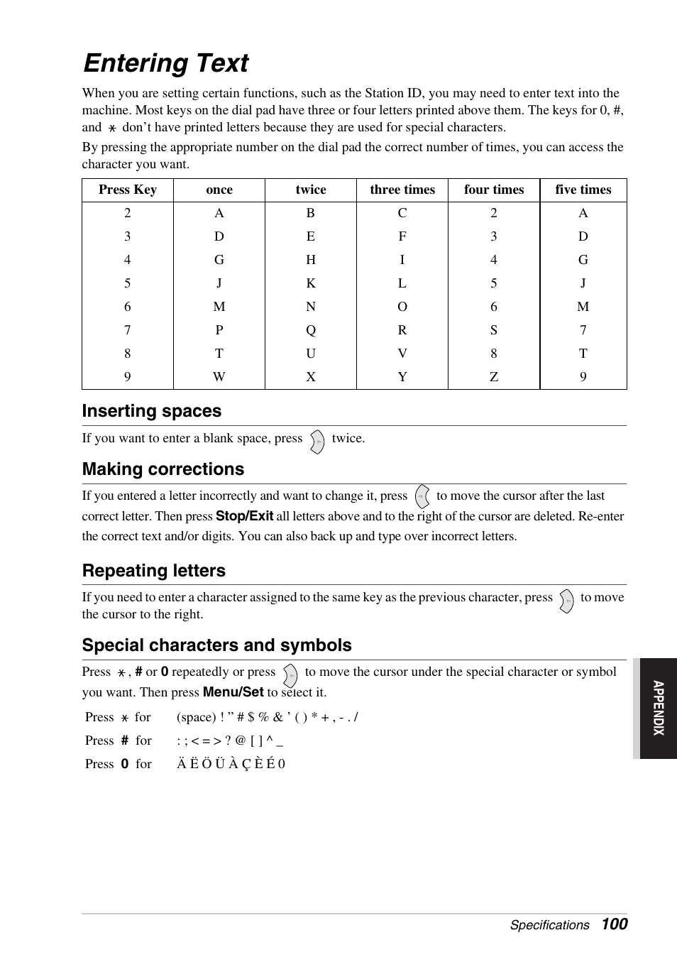 Entering text, Inserting spaces, Making corrections | Repeating letters, Special characters and symbols | Brother FAX-1030E User Manual | Page 107 / 118