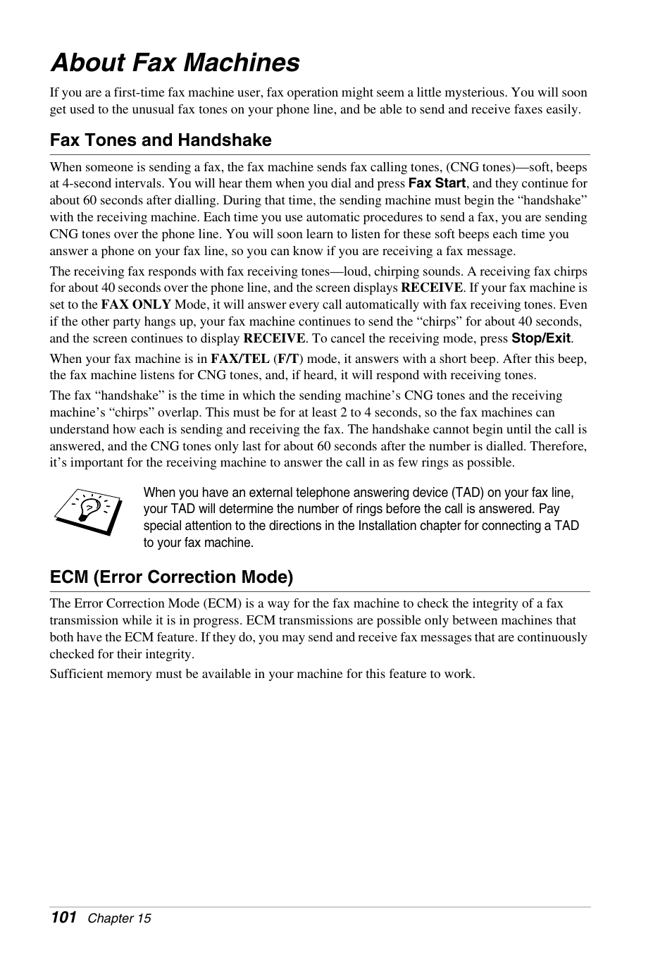 About fax machines, Fax tones and handshake, Ecm (error correction mode) | Brother FAX-1030E User Manual | Page 108 / 118