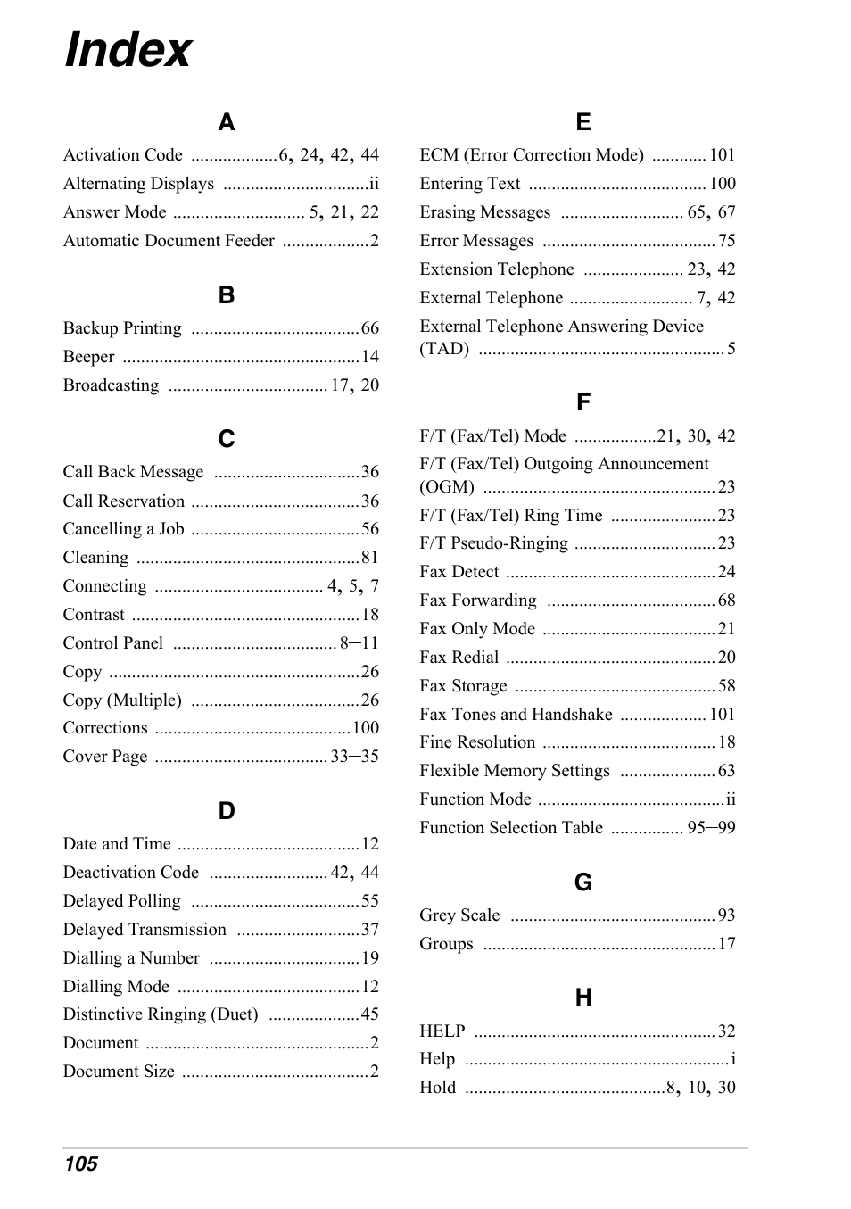 Index | Brother FAX-1030E User Manual | Page 112 / 118