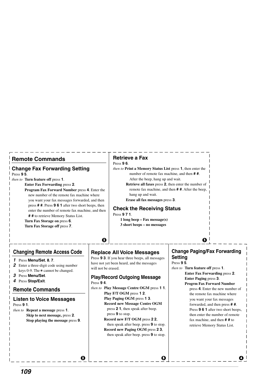 Remote commands, Changing remote access code, Change fax forwarding setting | Retrieve a fax, Check the receiving status, Listen to voice messages, Replace all voice messages, Play/record outgoing message, Change paging/fax forwarding setting | Brother FAX-1030E User Manual | Page 116 / 118