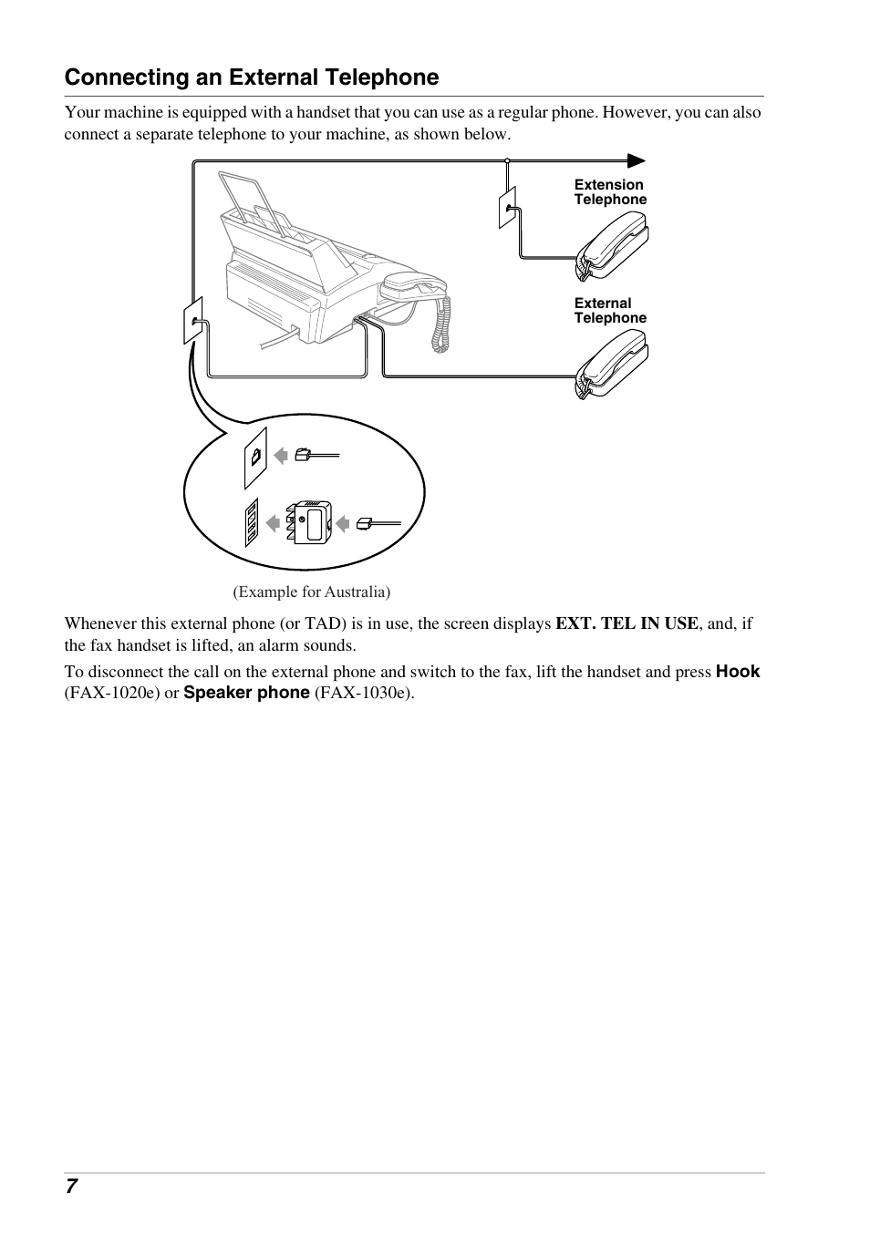 Connecting an external telephone | Brother FAX-1030E User Manual | Page 14 / 118
