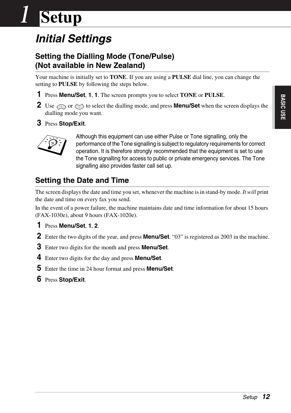 1 setup, Initial settings, Setting the date and time | Chapter 1, Setup | Brother FAX-1030E User Manual | Page 19 / 118