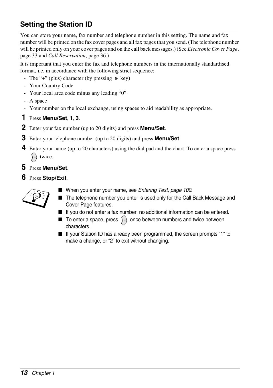 Setting the station id | Brother FAX-1030E User Manual | Page 20 / 118