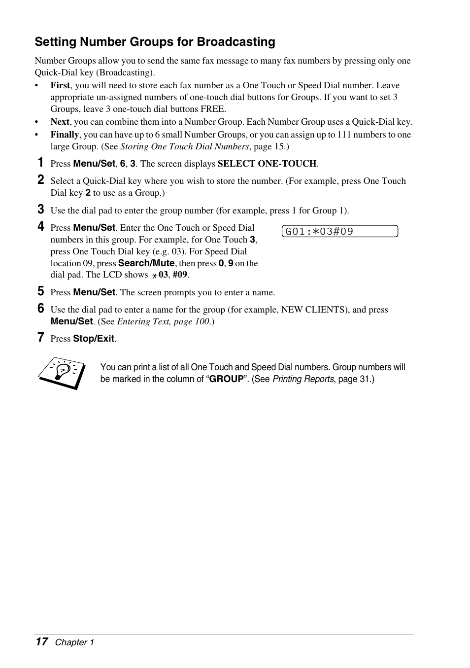 Setting number groups for broadcasting | Brother FAX-1030E User Manual | Page 24 / 118
