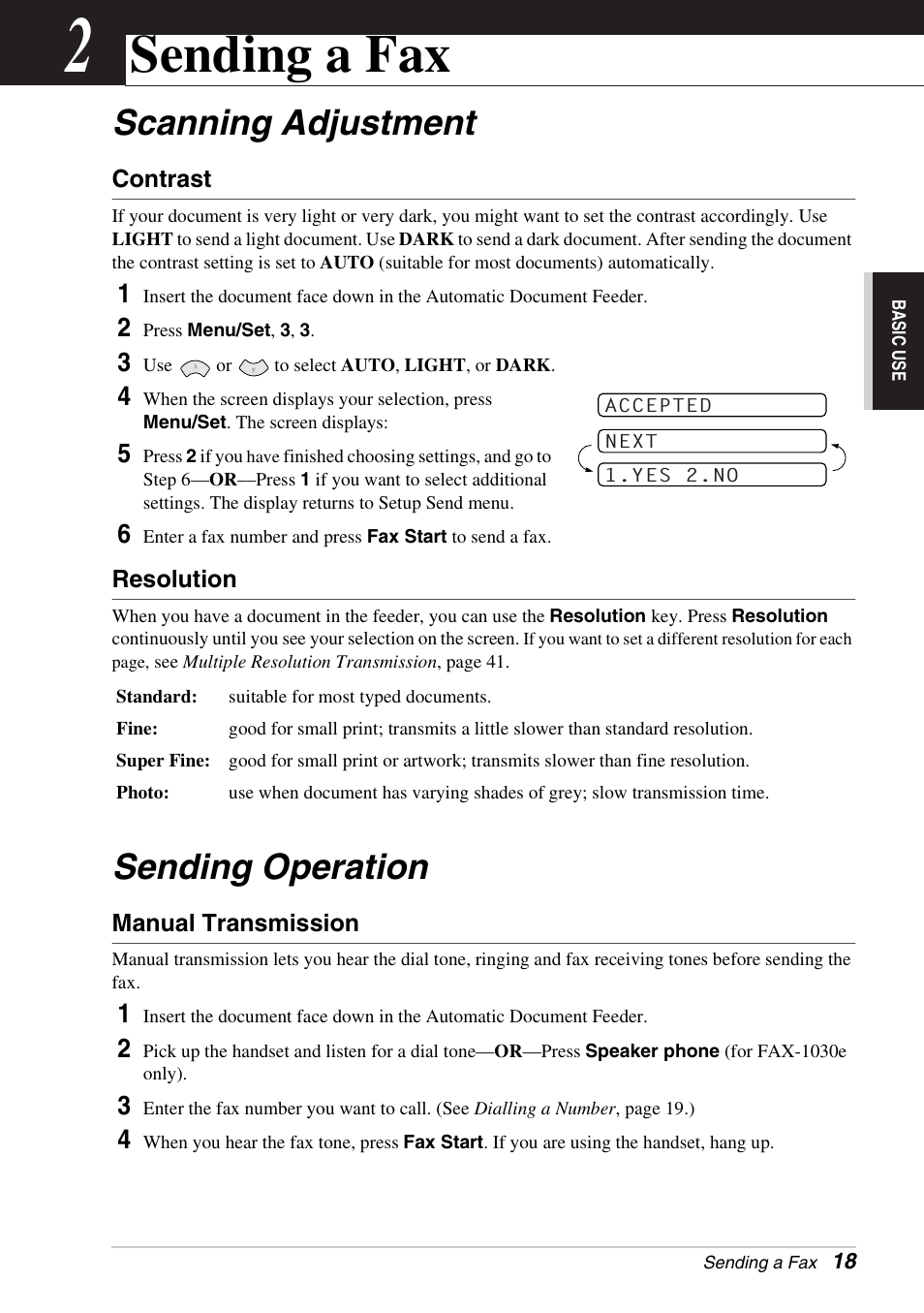 2 sending a fax, Scanning adjustment, Contrast | Resolution, Sending operation, Manual transmission, Chapter 2, Sending a fax, Scanning adjustment sending operation | Brother FAX-1030E User Manual | Page 25 / 118