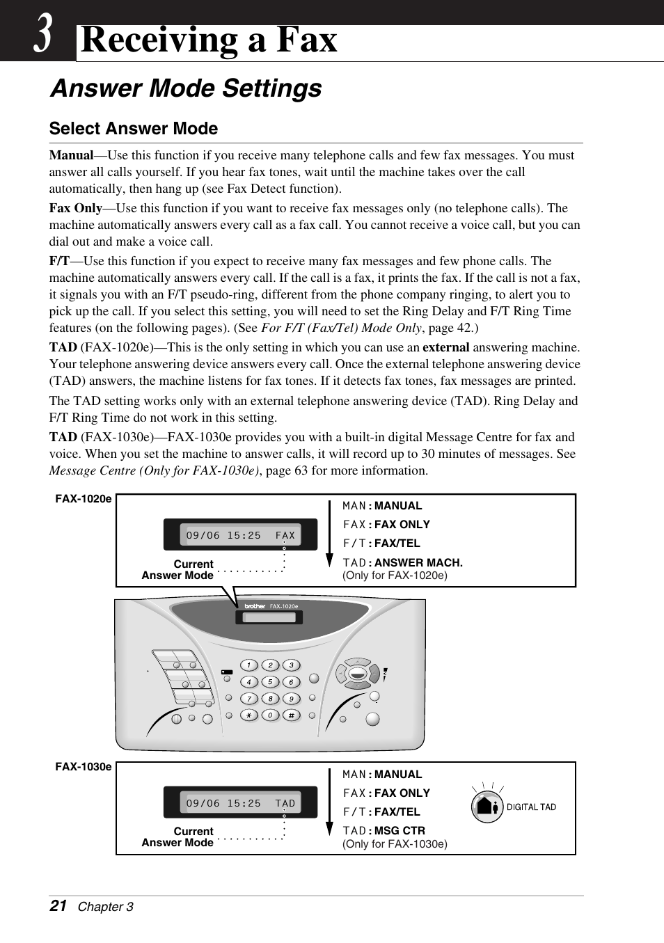 3 receiving a fax, Answer mode settings, Select answer mode | Chapter 3, Receiving a fax | Brother FAX-1030E User Manual | Page 28 / 118