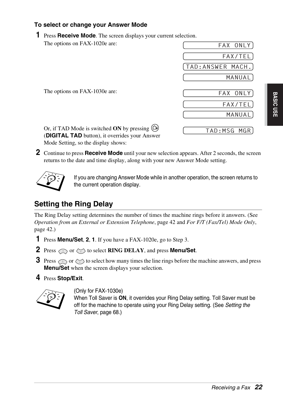 Setting the ring delay | Brother FAX-1030E User Manual | Page 29 / 118