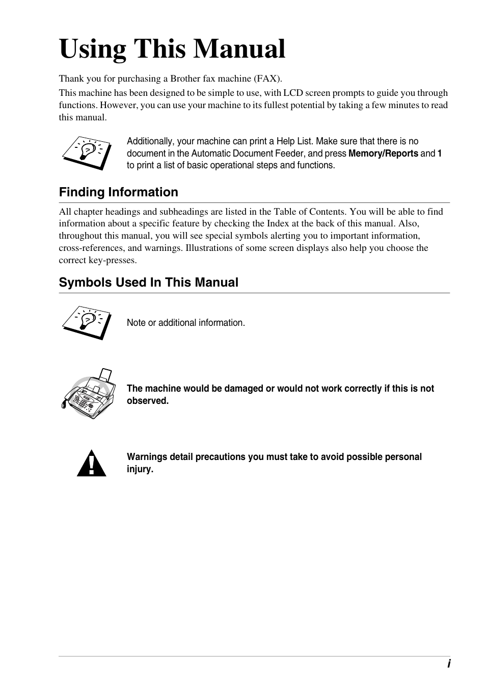 Using this manual, Finding information, Symbols used in this manual | Brother FAX-1030E User Manual | Page 3 / 118