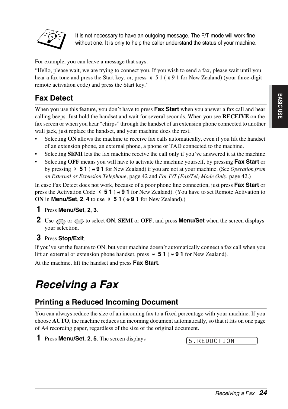 Fax detect, Receiving a fax, Printing a reduced incoming document | Brother FAX-1030E User Manual | Page 31 / 118