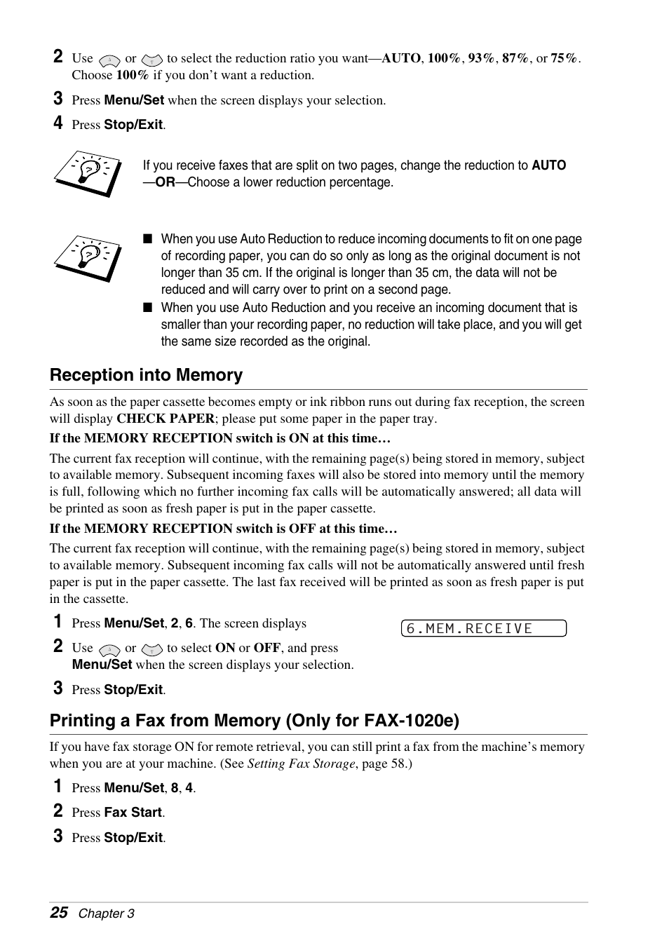 Reception into memory, Printing a fax from memory (only for fax-1020e) | Brother FAX-1030E User Manual | Page 32 / 118