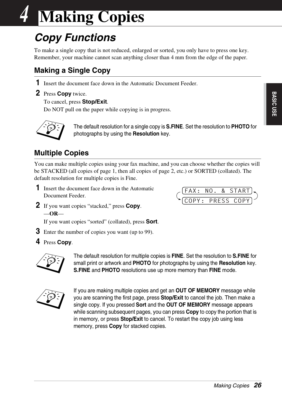 4 making copies, Copy functions, Making a single copy | Multiple copies, Chapter 4, Making copies | Brother FAX-1030E User Manual | Page 33 / 118