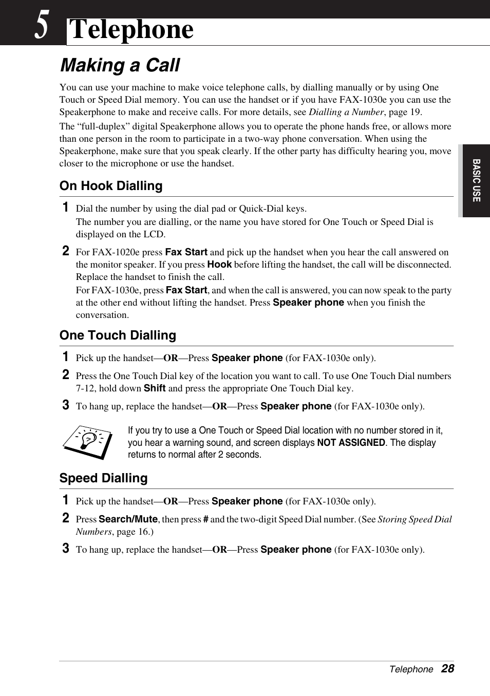 5 telephone, Making a call, On hook dialling | One touch dialling, Speed dialling, Chapter 5, Telephone | Brother FAX-1030E User Manual | Page 35 / 118