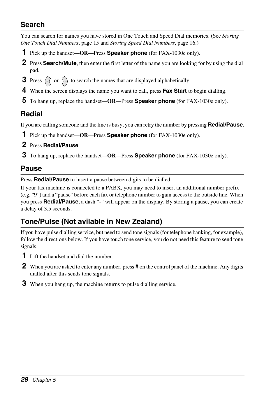 Search, Redial, Pause | Tone/pulse (not avilable in new zealand) | Brother FAX-1030E User Manual | Page 36 / 118