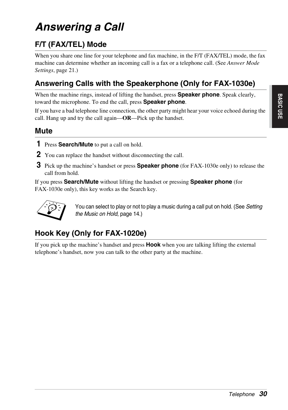 Answering a call, F/t (fax/tel) mode, Mute | Hook key (only for fax-1020e) | Brother FAX-1030E User Manual | Page 37 / 118