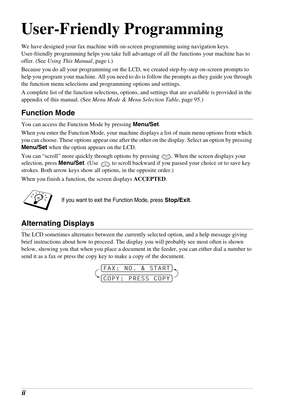 User-friendly programming, Function mode, Alternating displays | Brother FAX-1030E User Manual | Page 4 / 118